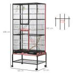 Gaiola para Pássaros com Rodas de 3 Níveis com 3 Poleiros Comedouros Brinquedos Rampas e Prateleira 83x53x180 cm Preto