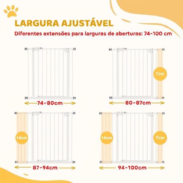 Barreira de Segurança para Cães 74 - 100 cm com Extensões, Montagem por Pressão e Duplo Bloqueio, Branco
