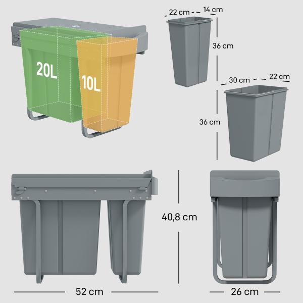 Balde do Lixo Sob Lavatório Balde do Lixo de Cozinha com 2 Contentores de Reciclagem Extraíveis 20L+10L 52x26x40,8 cm Cinzento