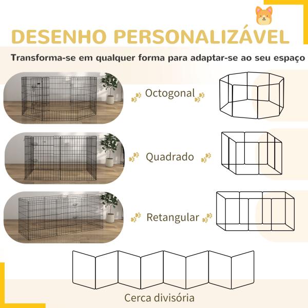 Parque para Cães 8 Painéis Dobráveis Gaiola Metálica para Animais de Estimação com Porta e Dupla Fechadura 76x61cm Preto