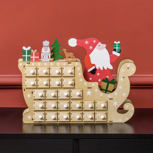 Calendário do Advento de Madeira com 24 Gavetas Decorado com Pai Natal no Trenó Decoração de Natal 22,5x8x36 cm Madeira
