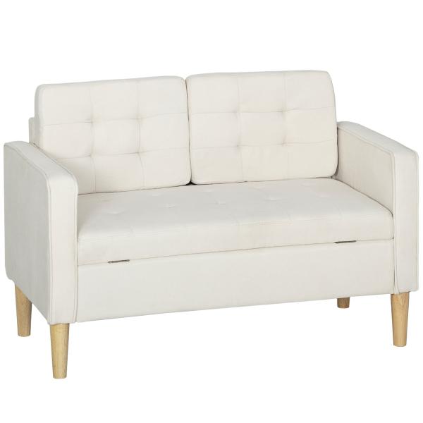 Sofá de 2 Lugares com Espaço de Armazenamento Pés de Madeira Encosto Capitonê 117x62x78 cm Creme
