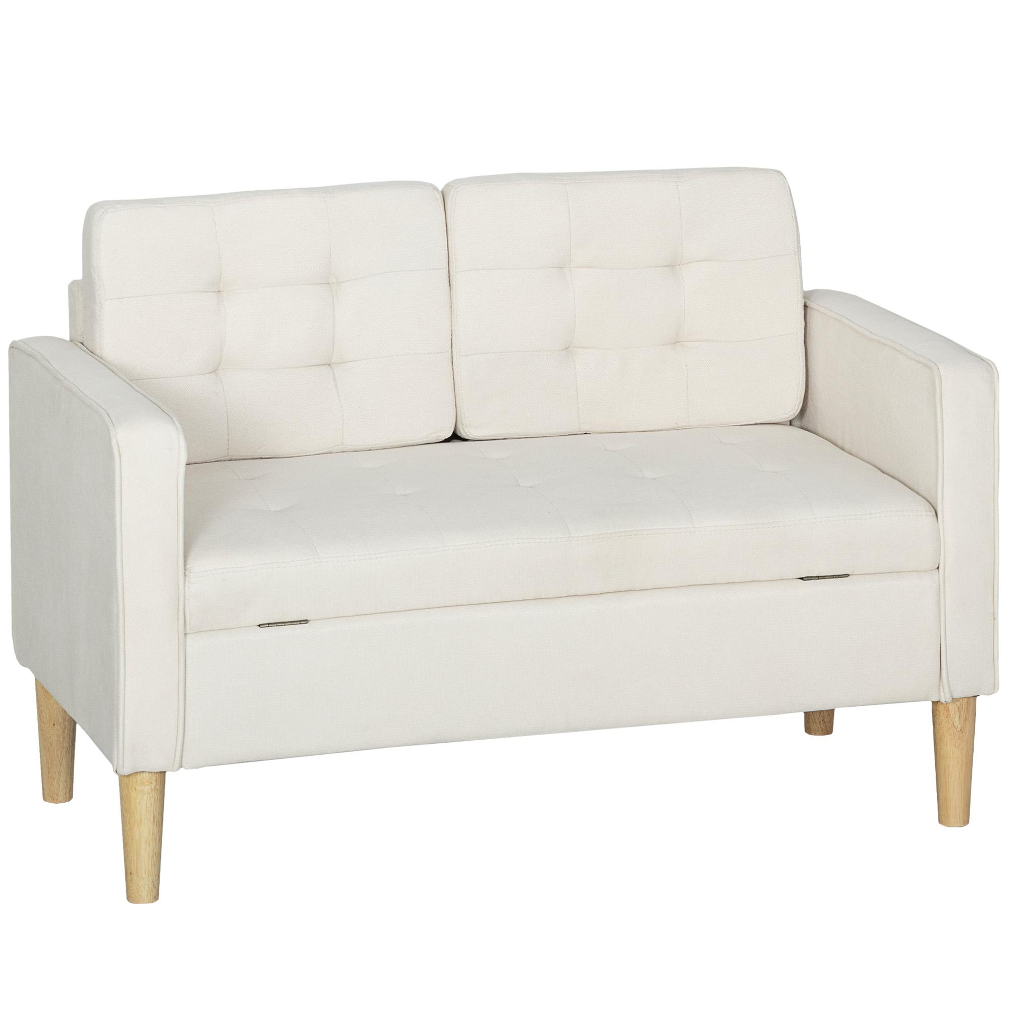 Sofá de 2 Lugares com Espaço de Armazenamento Pés de Madeira Encosto Capitonê 117x62x78 cm Creme