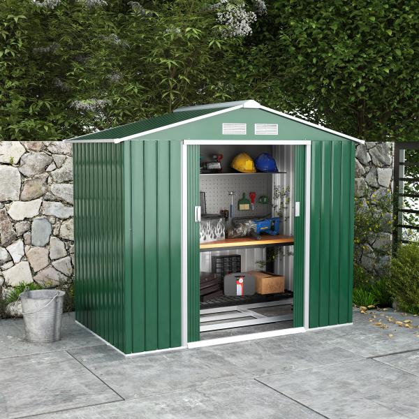 Abrigo de Jardim 213x130x185cm Abrigo de Jardim Metálico de Exterior com 2 Portas Deslizantes e 4 Janelas Verde
