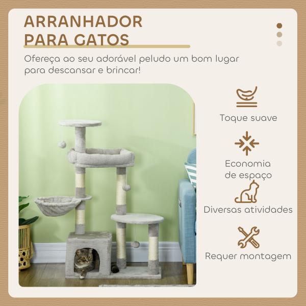 Arranhador para Gatos com Postes Arranhadores de Sisal Cova Plataformas e Bolas Suspensas 65x30x104 cm Cinzento Claro