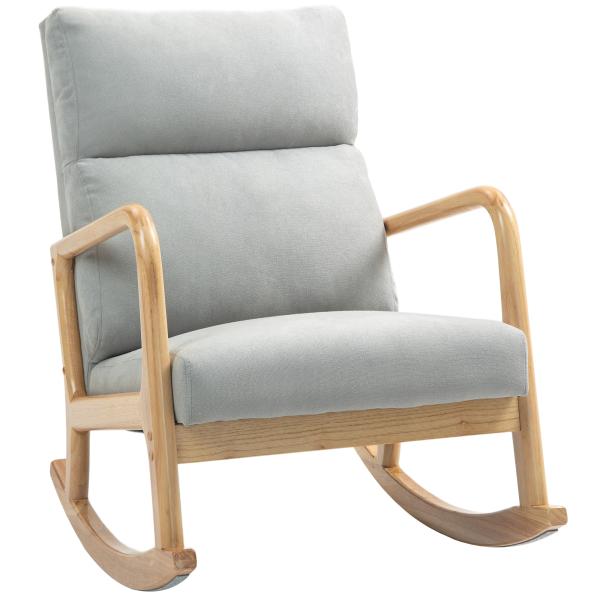 Poltrona Baloiço Estofada em Linho com Pés de Madeira de Borracha e Apoio para os Braços 65x87x94,5 cm Cinza