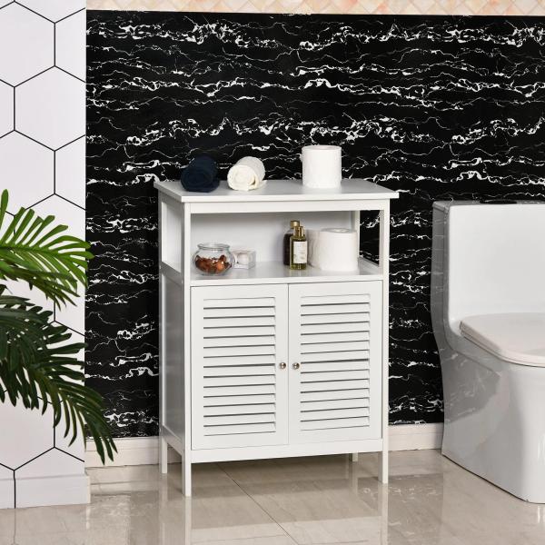 Armário Casa de Banho com 2 Portas Persianas e Compartimento Aberto Desenho Moderno 60x30x81,6 cm Branco