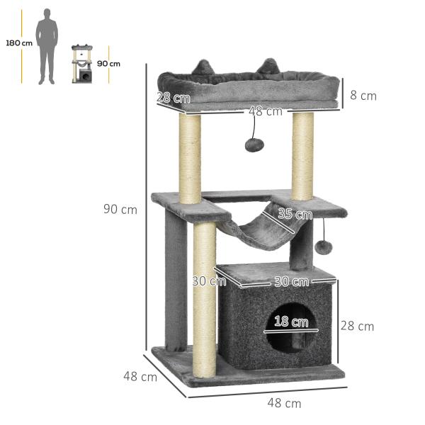 Arranhador para Gatos de 3 Níveis com Caverna Rede Plataforma Bolas Suspensas e Poste de Sisal 48x48x90 cm Cinza