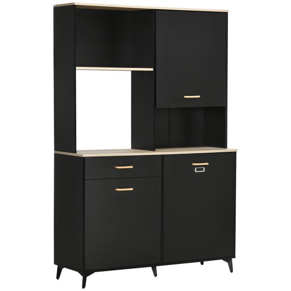 Armário de Cozinha com 1 Gaveta 3 Portas e Armazenamento Aberto Estilo Moderno 119x41x180cm Preto