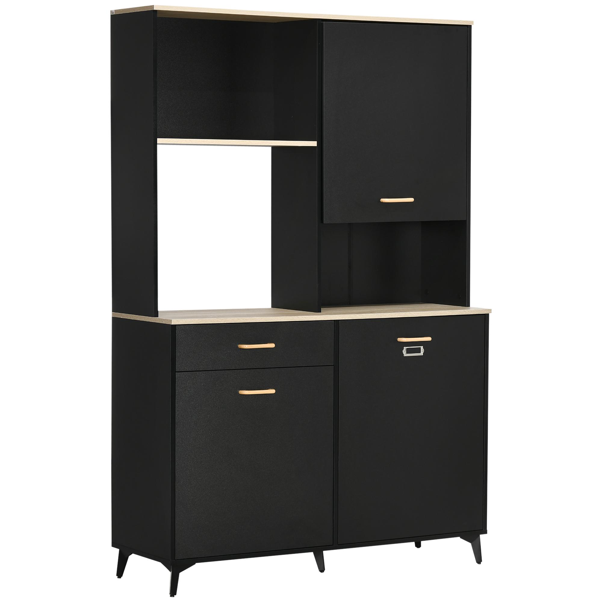 Armário de Cozinha com 1 Gaveta 3 Portas e Armazenamento Aberto Estilo Moderno 119x41x180cm Preto