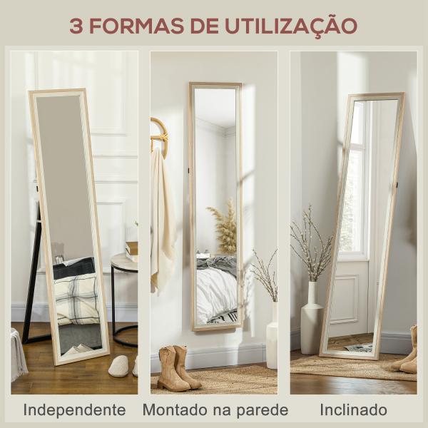 Espelho de Pé 37x157 cm Espelho de Corpo Inteiro com Estrutura de MDF e Suporte Branco e Madeira Clara