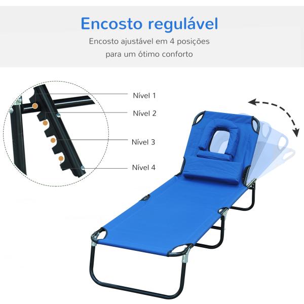 Espreguiçadeira Dobrável com Encosto Ajustável em 4 Posições Espreguiçadeira de Jardim com Almofada Estrutura de Aço Tecido Oxford para Acampamento Praia Terraço 190x56x28cm Azul