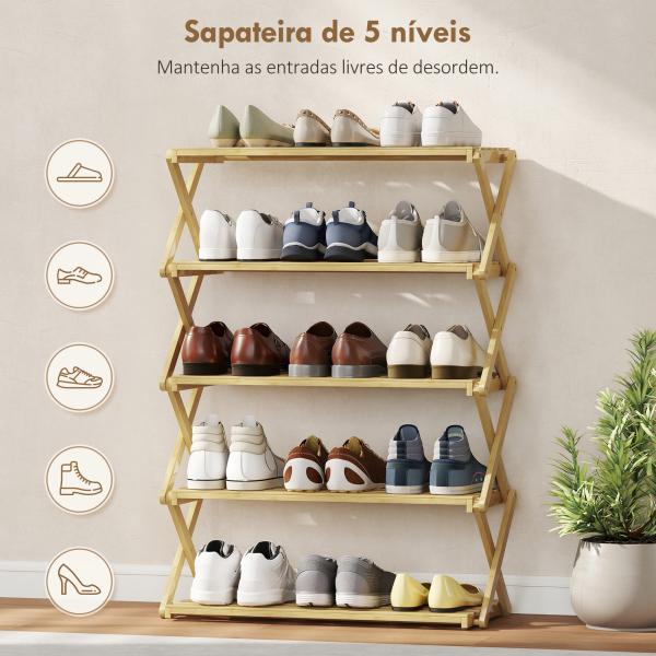 Sapateira Estreita de Bambu Dobrável de 5 Níveis para Entrada Corredor Quarto 60x29x88 cm Madeira