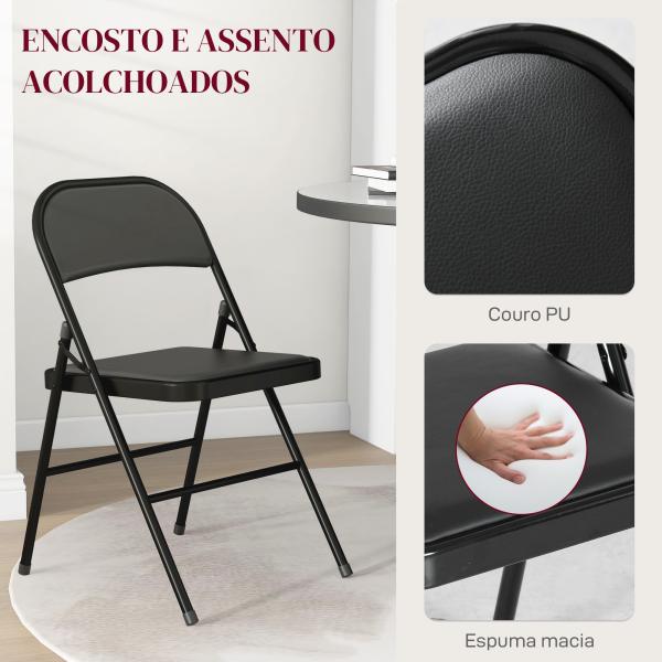 Conjunto de 2 Cadeiras Dobráveis com Encosto e Estrutura de Aço para Sala de Estar escritório Estúdio 45x46x78 cm Preto
