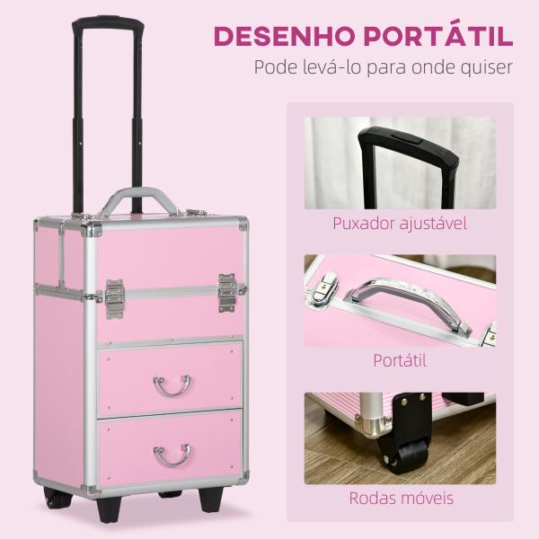 Mala de Maquilhagem Professional com Rodas 6 Gavetas Extensíveis Fechadura 2 Chaves e Alça Retrátil 36x23x58 cm Rosa