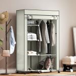Roupeiro de Tecido Dobrável com 6 Prateleiras 1 Barra de Pendurar e Rodas para Dormitório Vestidor 103x43x162,5 cm Creme