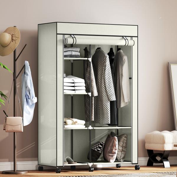 Roupeiro de Tecido Dobrável com 6 Prateleiras 1 Barra de Pendurar e Rodas para Dormitório Vestidor 103x43x162,5 cm Creme