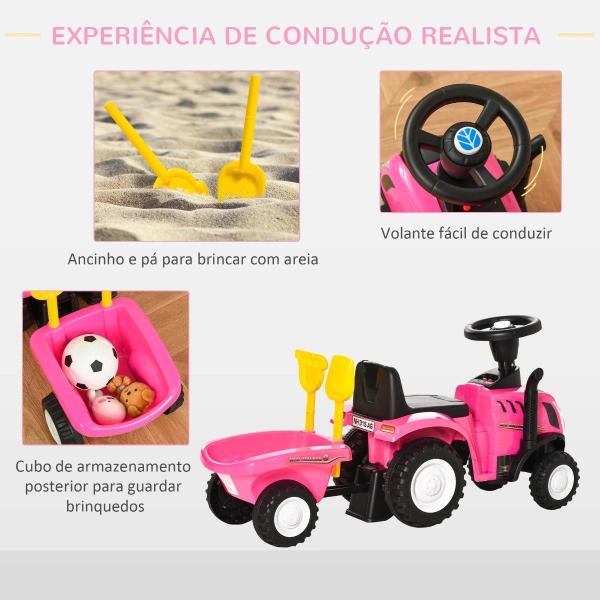 Trator para Crianças de 12 - 36 Meses com Reboque Removível Carro Andador com Buzina Farol Pá e Ancinho Carga 25kg 91x29x44cm Rosa