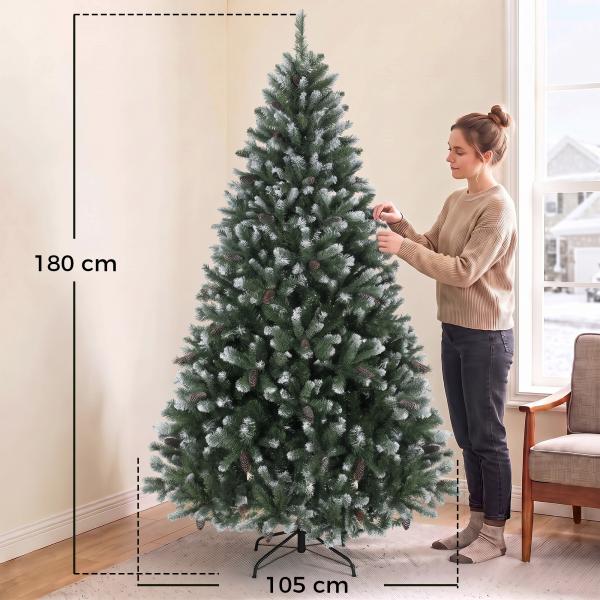 Árvore de Natal Artificial 180 cm com 802 Pontas Efeito Nevado, 59 Pinhas e Base Metálica Dobrável Verde e Branco