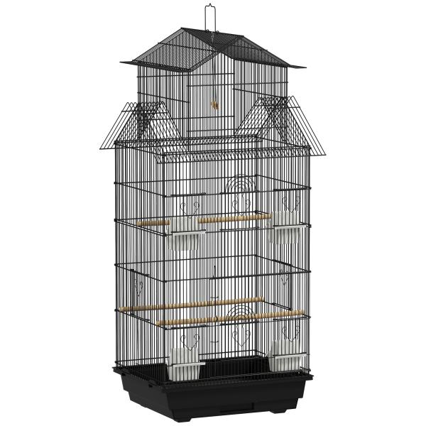 Gaiola de Metal para Pássaros com Bandeja Amovível 4 Comedouros 3 Poleiros e 1 Baloiço 50,5x41x104 cm Preto