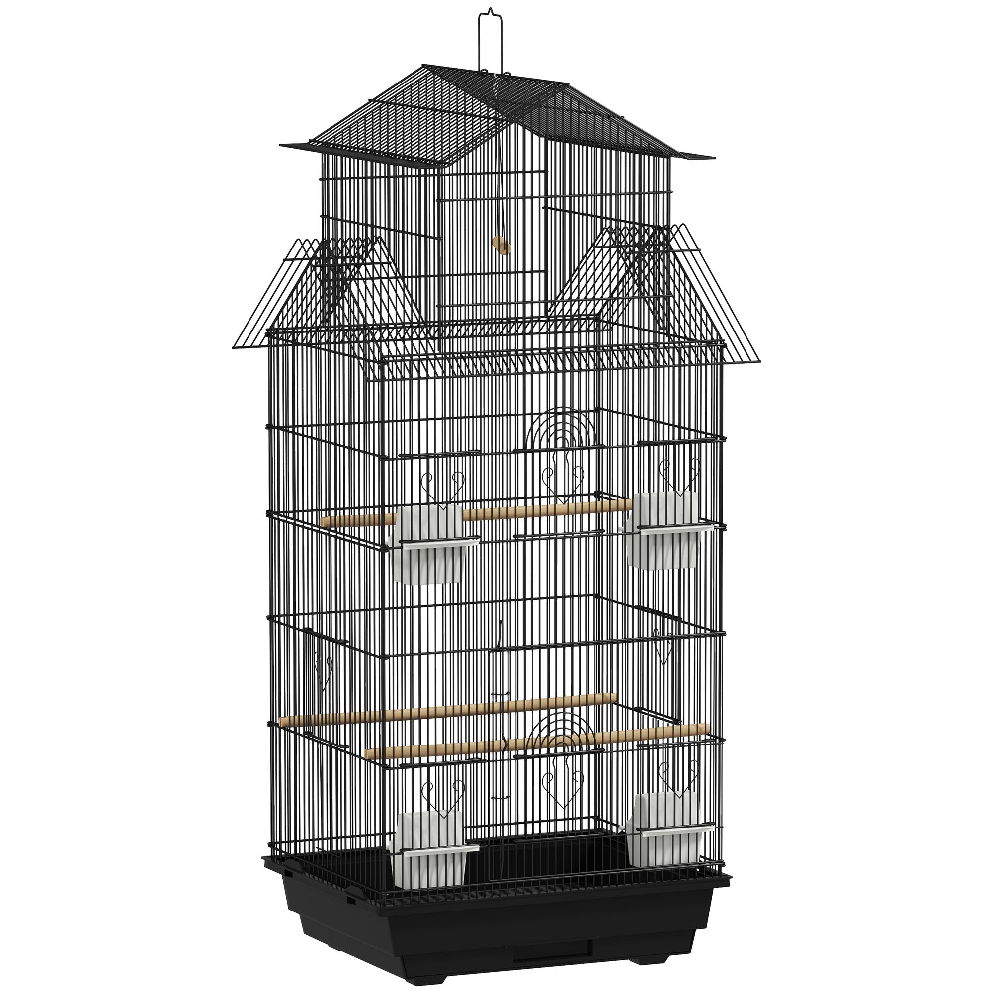 Gaiola de Metal para Pássaros com Bandeja Amovível 4 Comedouros 3 Poleiros e 1 Baloiço 50,5x41x104 cm Preto