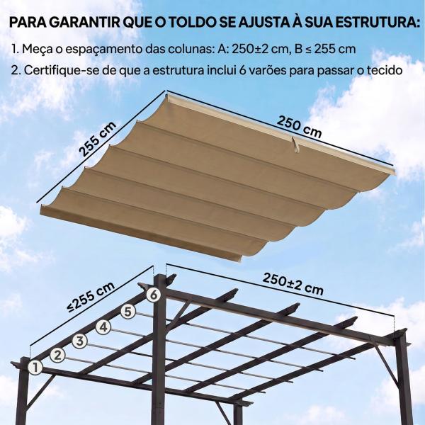 Cobertura para Teto Retrátil de 2,5x2,55 m para Pérgola 3x3 Tecido de Substituição com 10 Orifícios de Drenagem Castanho