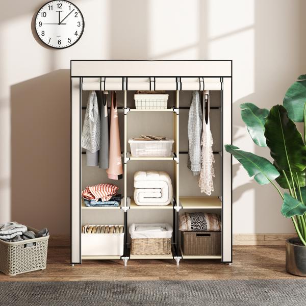 Roupeiro de Tecido Dobrável com 8 Prateleiras de Armazenamento e 2 Barras de Pendurar 125x43x162,5cm Creme
