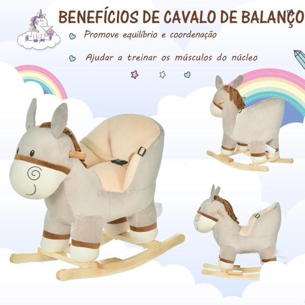 Baloiço Infantil em Forma de Burro para Bebés 18 - 36 Meses com Som Cinto de Segurança Apoio para os Pés 61x34x58 cm Cinza