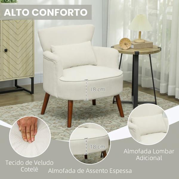 Poltrona Relax Individual em Bombazina com Almofada, Braços e Pés de Madeira para Quarto e Escritório, Creme