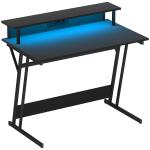 Secretária Gaming com Luzes LED 100x60 cm Tomadas de Corrente Suporte para Monitor Prateleiras e Comando Remoto Preto