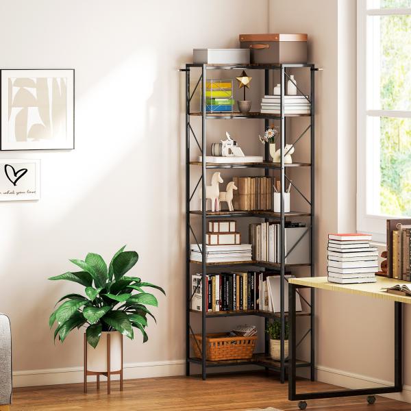 Estante de Canto com 7 Níveis, Estilo Industrial, para Quarto, Sala ou Escritório, 60x60x198 cm, Castanho Rústico