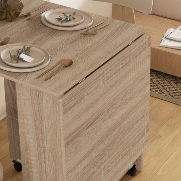 Mesa de Sala de Jantar Dobrável Mesa de Madeira com 2 Prateleiras de Armazenamento e Rodas para Cozinha 75x140x74 cm Madeira