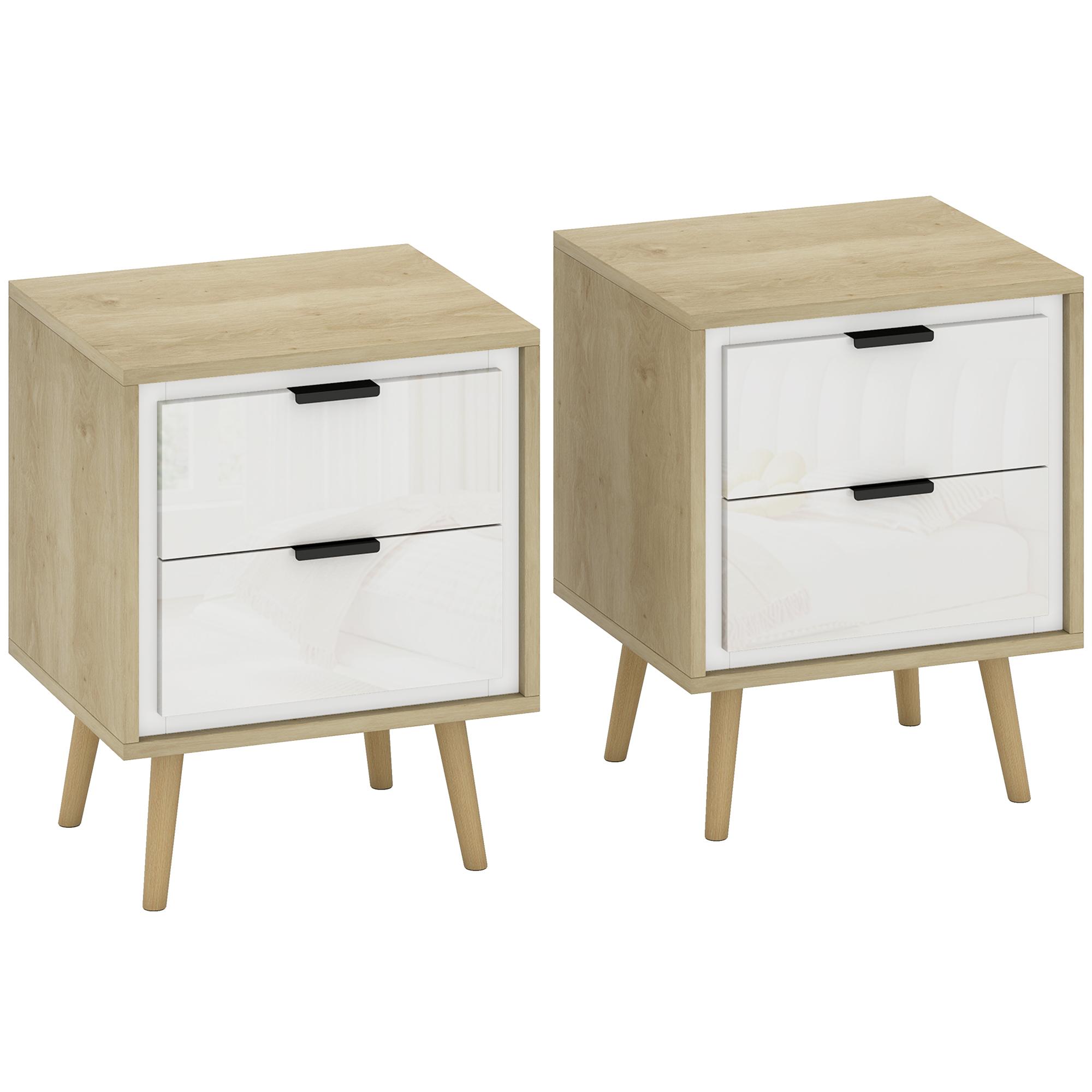 Conjunto de 2 Mesas de Cabeceira Modernas com 2 Gavetas de Deslizamento Silencioso Pés de Madeira 40x35x50 cm Branco Brilhante e Carvalho