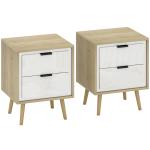 Conjunto de 2 Mesas de Cabeceira Modernas com 2 Gavetas de Deslizamento Silencioso Pés de Madeira 40x35x50 cm Branco Brilhante e Carvalho