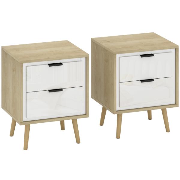 Conjunto de 2 Mesas de Cabeceira Modernas com 2 Gavetas de Deslizamento Silencioso Pés de Madeira 40x35x50 cm Branco Brilhante e Carvalho