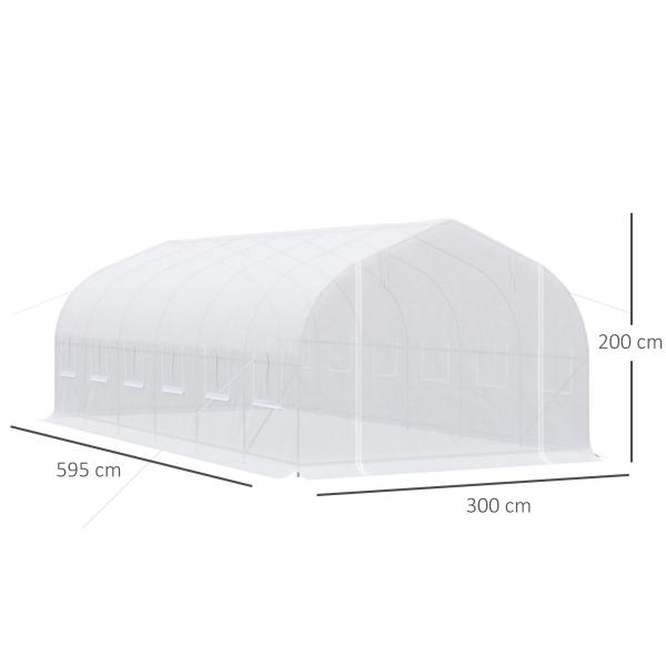 Estufa Tipo Túnel 595x300x200cm Estufa de Jardim Grande com 12 Janelas e Porta Enrolável com Zíper para Cultivo de Plantas Branco