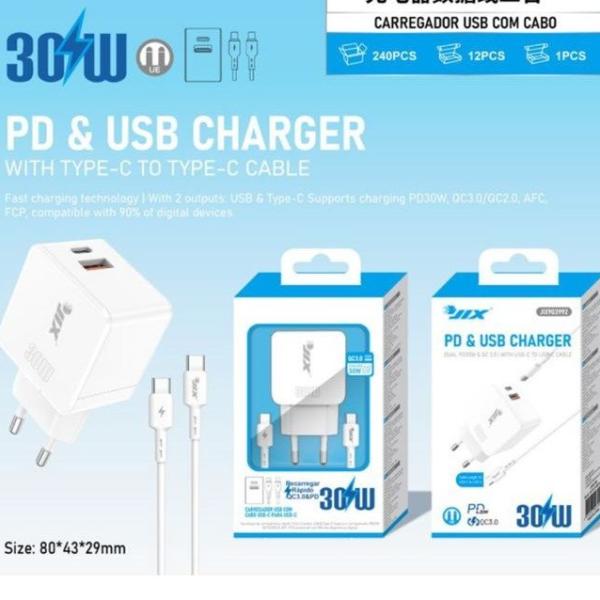 Carregador PD 30W + QC3.0 USB + Cabo Type-C para Type-C