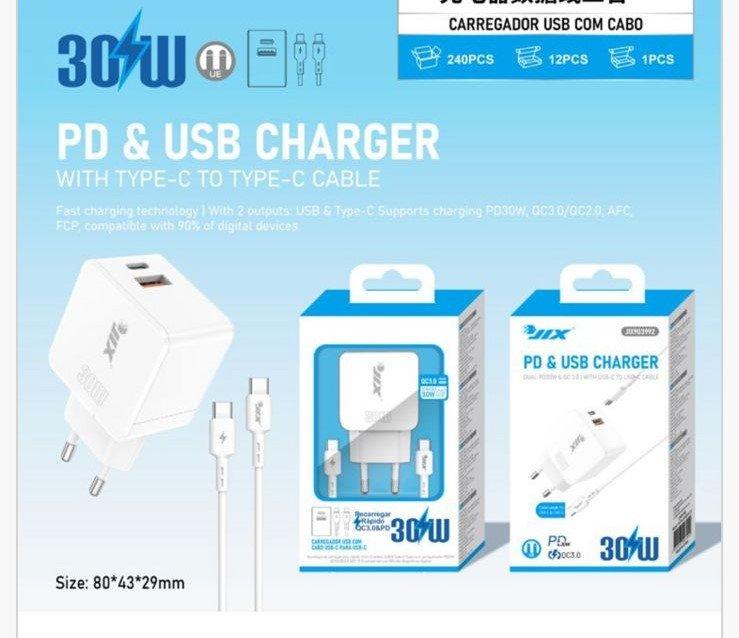 Carregador PD 30W + QC3.0 USB + Cabo Type-C para Type-C