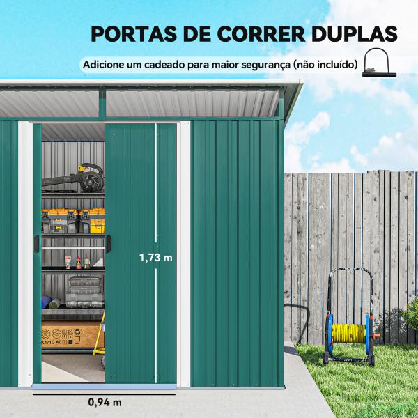 Abrigo de Jardim 4,5 m² 260x194x200 cm Abrigo Exterior Metálico com 2 Portas Deslizantes para Armazenamento de Ferramentas Verde