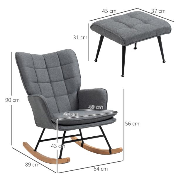 Conjunto de Poltrona Baloiço com Apoio para os Pés Poltrona Relax com Almofada Acolchoada e Anti - Tombo 64x89x90 cm Cinza