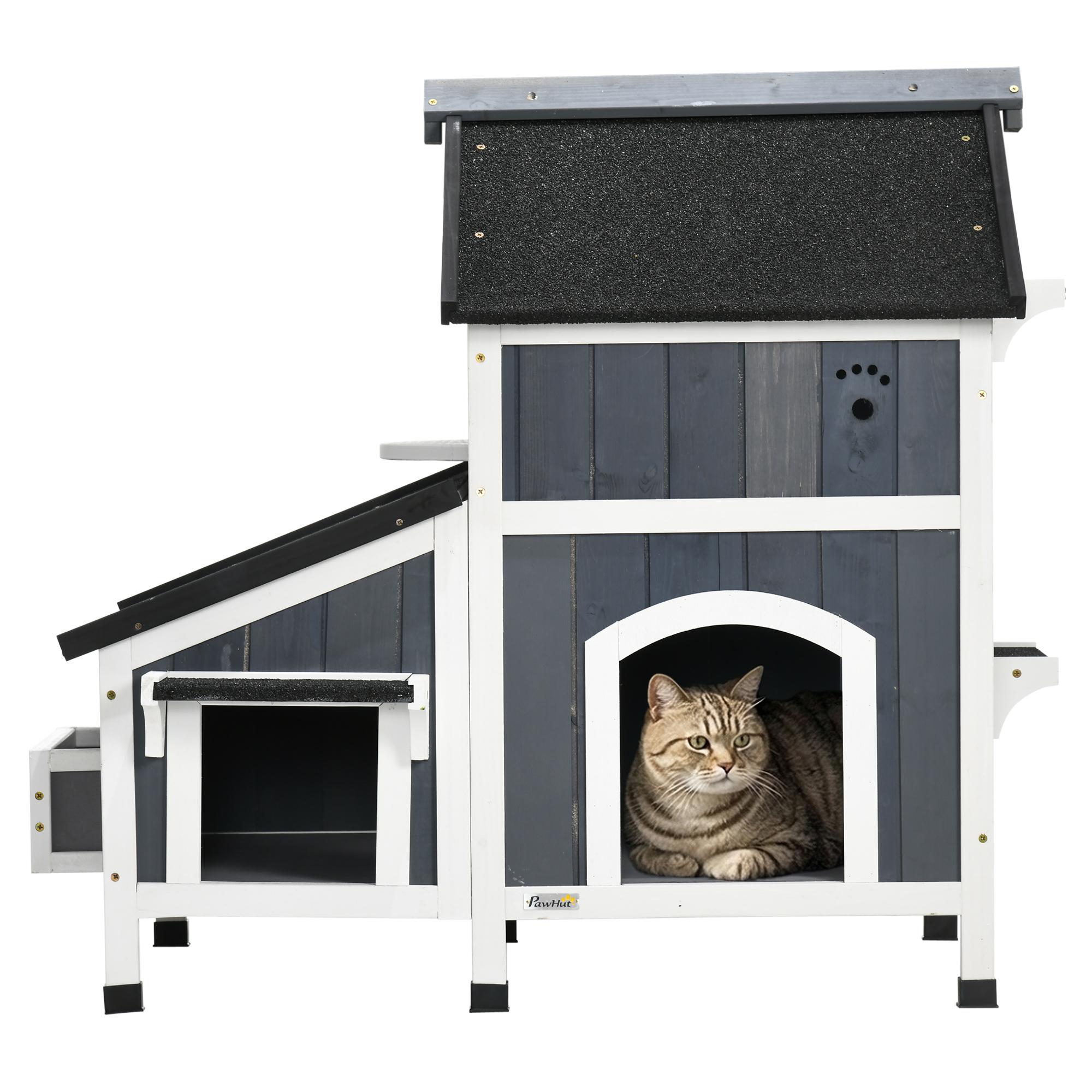 Casa para Gatos de Madeira com Suporte para Flores de 2 Níveis e Teto Asfáltico 96x65x85,5 cm Cinza