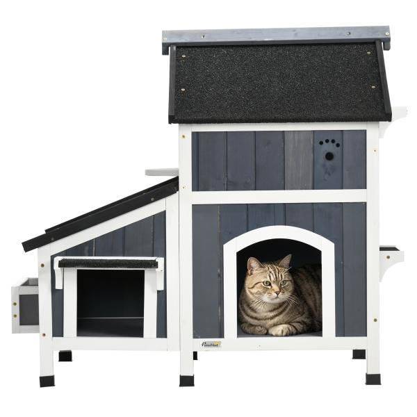 Casa para Gatos de Madeira com Suporte para Flores de 2 Níveis e Teto Asfáltico 96x65x85,5 cm Cinza
