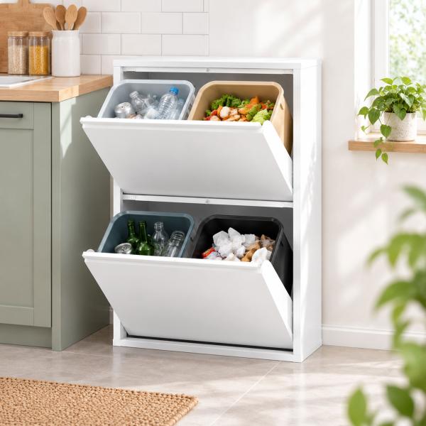 Caixote do Lixo de Reciclagem 4x15 L (60 L), 4 Compartimentos Estreitos em Aço, Fecho Suave, Branco