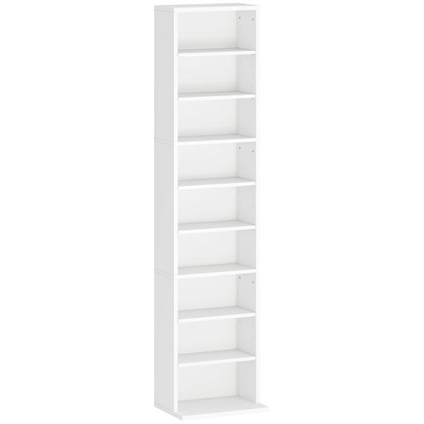 Estante para CDs e DVDs Suportes para CD Estreitos com 9 Compartimentos Prateleiras Ajustáveis 33x24x140 cm Branco
