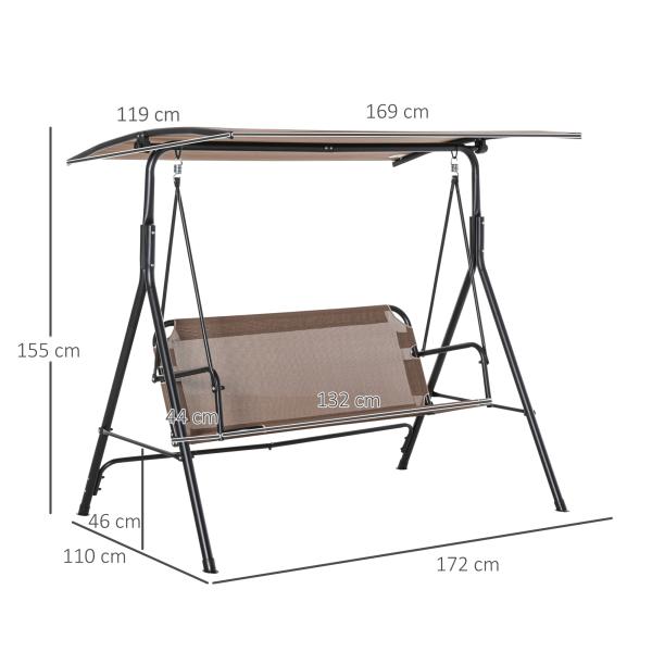 Baloiço de Jardim de 2 Lugares Baloiço com Teto Ajustável em Ângulo para Terraço Balcão Carga Máxima 200kg Aço 172x110x155cm Marrom