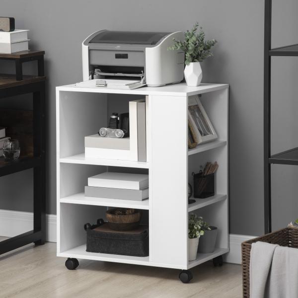 Armário para Impressora Móvel Auxiliar de Escritório com Rodas e Prateleiras Abertas Carga Máxima 30kg 60x40x75,8cm Branco