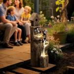 Fonte de Jardim 2 em 1 com Casa para Pássaros Fonte de Água com Luzes LED Bomba Fonte Decorativa com Troncos de Árvore Multicor
