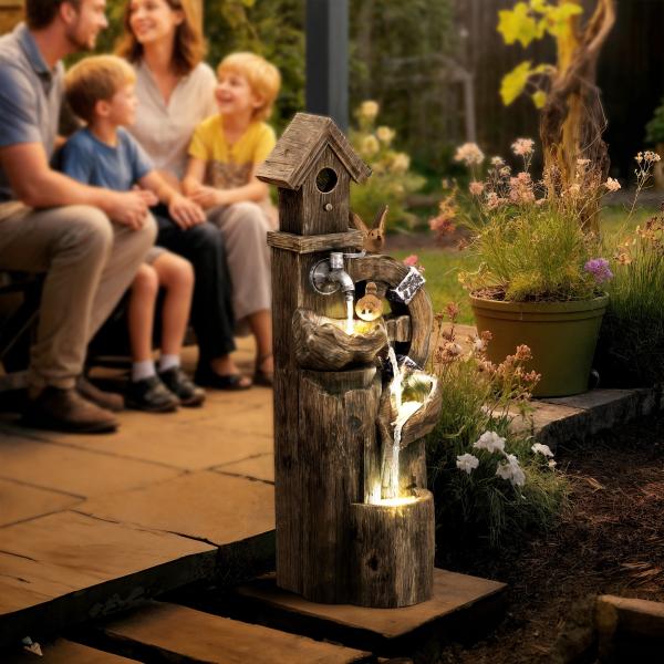 Fonte de Jardim 2 em 1 com Casa para Pássaros Fonte de Água com Luzes LED Bomba Fonte Decorativa com Troncos de Árvore Multicor