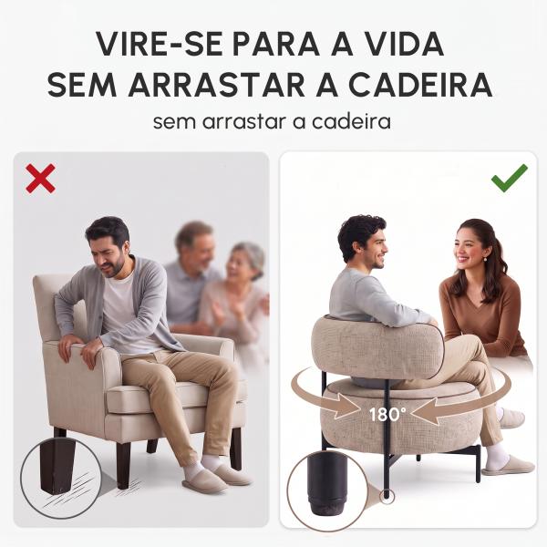 Poltrona de Sala com Assento Rotativo Revestida em Tecido Linho Assento Amplo Acolchoado Espesso Pés de Metal Bege
