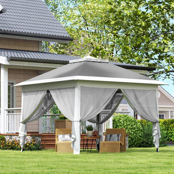 Tenda Dobrável 3,3x3,3 m Pop - up Altura Ajustável Teto Duplo Mosquiteiras Removíveis e Bolsa de Transporte Anti - UV Cinzento